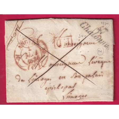 CAD TYPE 12 ANGERS EN ROUGE MAINE ET LOIRE + PP ET CURSIVE 47 CHALONNE 1834 POUR LIMOGES INDICE 15 POUR T12 + PP LETTRE