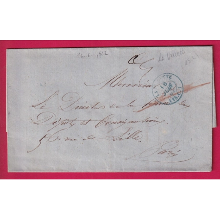 CACHET TAXE 15C LA VILLETTE SEINE POUR PARIS ANNULATION PLUME ROUGE MENTION A DETAXER AU DOS CURIOSITE 1862 LETTRE