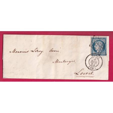 N°4 TTB GRILLE PARIS 4 DEC 1851 POUR MONTARGIS LOIRET LETTRE