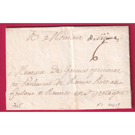 MARQUE MANUSCRIT DE LISIEUX CALVADOS 1745 LENAIN N°1 POUR RENNES ILLE ET VILAINE INDICE 19 LETTRE