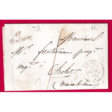 CURSIVE 47 MOULEVRIER MAINE ET LOIRE TAXE LOCALE 1 POUR CHOLET + TYPE 15 CHOLET 1846 LETTRE