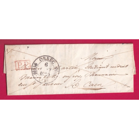 CAD TYPE 11 ORBEC CALVADOS 1839 + PP ROUGE POUR CAEN INDICE 13 LETTRE