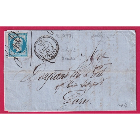 N°14 PC 3971 JALLAIS CAD TYPE 22 MAINE ET LOIRE POUR PARIS INDICE 16 LETTRE