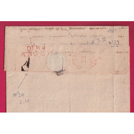 DEBOURSE DEB 47 ANGERS MAINE ET LOIRE EN ROUGE + CACHET ARRIVE SPECIAL 1815 DEPART PARIS INDICE 20 LETTRE