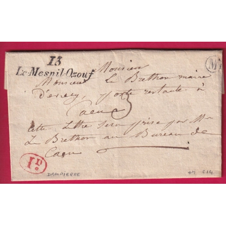 CURSIVE 13 LE MESNIL OZOUF DECIME RURAL  + BOITE RURALE M DAMPIERRE CALVADOS POUR CAEN LETTRE