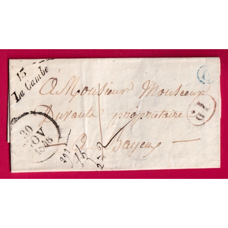 CURSIVE 13 LA CAMBE CALVADOS 1846 BOITE RURALE E EN BLEU DE LONGUEVILLE POUR BAYEUX LETTRE