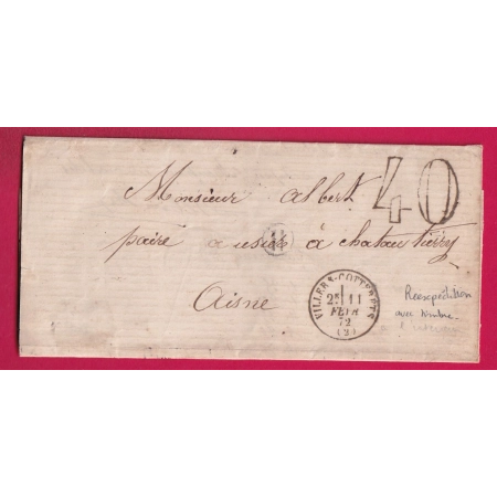 LETTRE REUTILISEE TAXE TAMPON 40 VILLERS COTTERETS BOITE RURALE H OIGNY EN VALOIS N°60 CHATEAU THIERRY LETTRE