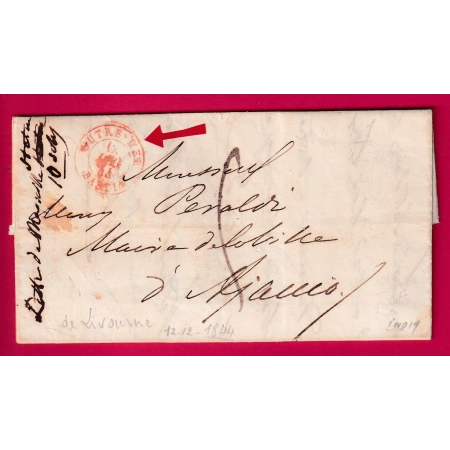 CAD TYPE 15 OUTREMER BASTIA CORSE 1844 SUR LETTRE DE LIVOURNE LIVORNO ITALIE POUR AJACCIO INDICE 19 LETTRE