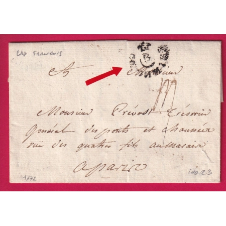 MARQUE B COURONNE DE BORDEAUX RARE INDICE 23 TEXTE DE CAP FRANCOIS GUADELOUPE POUR PARIS 1772 LETTRE