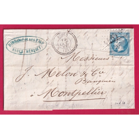 N°22 GC 4467 RIOLS HERAULT CAD TYPE 22 POUR MONTPELLIER INDICE 13 LETTRE COVER