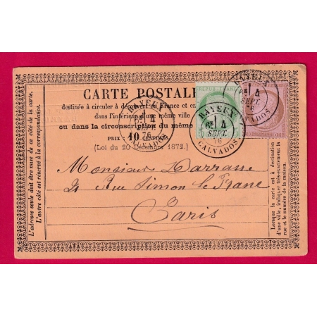 N°53 54 CAD TYPE 18 BAYEUX CALVADOS CARTE ORECUSEUR POUR PARIS LETTRE COVER