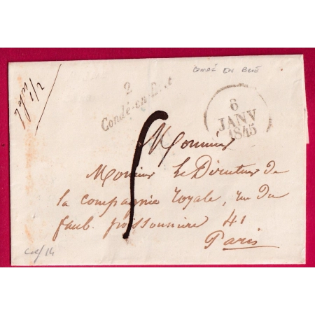 CURSIVE 2 CONDE EN BRIE AISNE DATEUR A 1845 POUR PARIS INDICE 14 LETTRE COVER