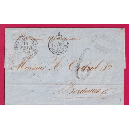 CAD CAYENNE GUYANE FRANCAISE 1859 VOIE ANGLAISE TAXE TAMPON 6 POUR BORDEAUX  LETTRE COVER