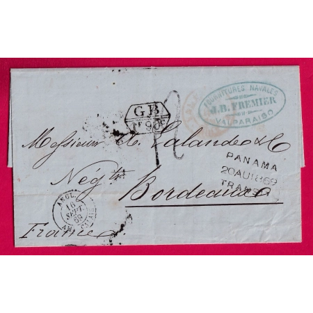 LETTRE DE VALPARAISO CHILI 1869 VIA PANAMA TRANSIT VOIE ANGLAISE TAXE ECHANGE TAXE TAMPON 12 POUR BORDEAUX  LETTRE COVER