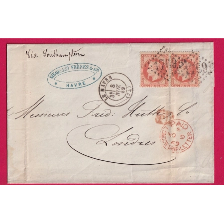 N°31 PAIRE GC 1769 LE HAVRE SEINE INFERIEURE POUR LONDRES LONDON ANGLETERRE 1869 LETTRE