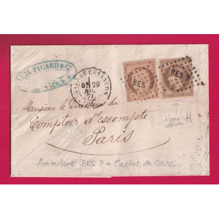 N°30 LIGNE + 38 GARE DE BESANCON DOUBS LOSANGE BES P POUR PARIS 1871LETTRE