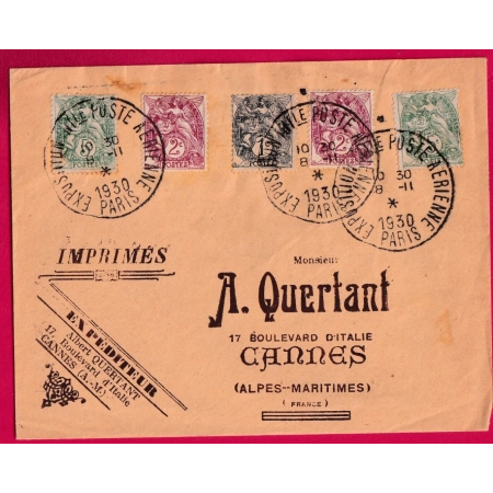 N°107 108 X2 111 X2 EXPOSITION POSTE AERIENNE 1930 PARIS SUR ENVELOPPE ILLUSTREE POUR CANNES LETTRE