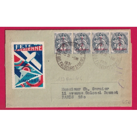 N°157 BANDE DE 4 PARIS R FAUBOURG ST DENIS 1931 VIGNETTE FETE AERIENNE LIMOGES HAUTE VIENNE JOURNAL L'AEROGRAMME LETTRE