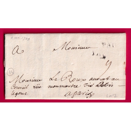 MARQUE PAU BASSES PYRENEES 1729 LENAIN N°2 INDICE 14 POUR PARIS LETTRE