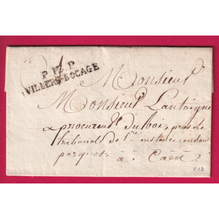 MARQUE P13P VILLERS BOCAGE CALVADOS POUR CAEN INDICE 13 1821 TEXTE LE MAIRE DE VILLERS BOCAGE LETTRE COVER