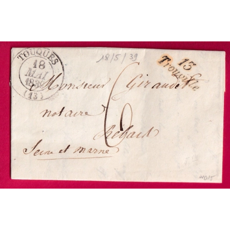 CURSIVE 13 TROUVILLE CALVADOS CAD TYPE 13 TOUQUES 1839 POUR REBAIS SEINE ET MARNE INDICE 15 LETTRE COVER