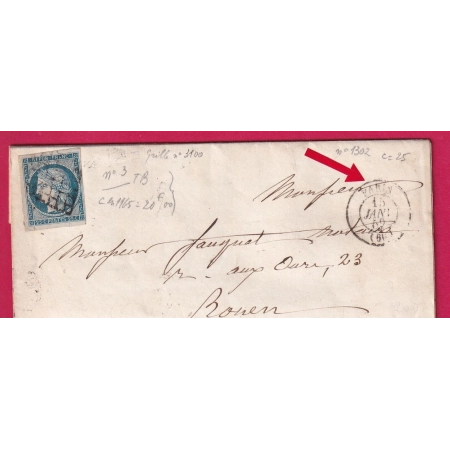 N°4 GRILLE CAD PARIS 1852 POUR ROUEN SEINE INFERIEURE AU DOS LIGNE DE HAVRE AMBULANT LETTRE COVER