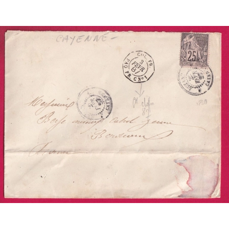 COLONIE GENERALE ALPHEE DUBOIS 25C CAYENNE GUYANE 1887 COL PAQ FR C N°1 POUR BORDEAUX LETTRE COVER