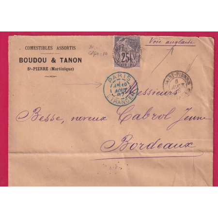 COLONIE GENERALE ALPHEE DUBOIS 25C SAINT PIERRE MARTINIQUE POUR BORDEAUX 1887 LETTRE COVER