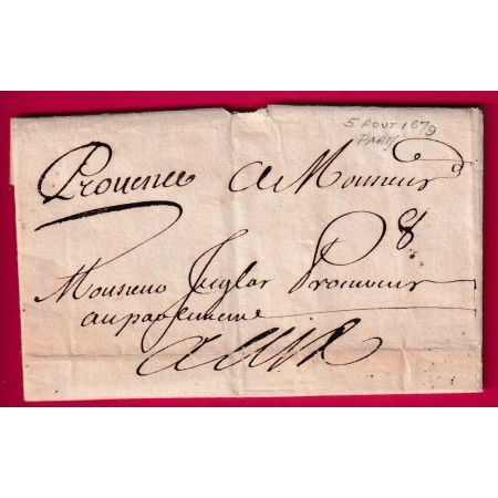 LETTRE DE PARIS 1679 PORT 8 SOLS POUR AIX BOUCHES DU RHONE MENTION PROVENCE EN LETTRE COVER