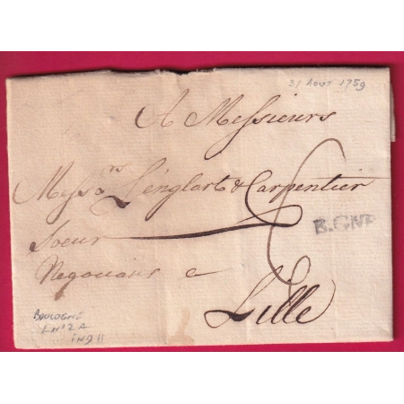 MARQUE  BOULOGNE SUR MER PAS DE CALAIS LENAIN N°2A 1759 POUR LILLE NORD INDICE 11 LETTRE COVER
