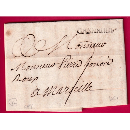 MARQUE CASTELNAUDARY AUDE LENAIN N°1 INDICE 12 POUR MARSEILLE 1751 LETTRE COVER