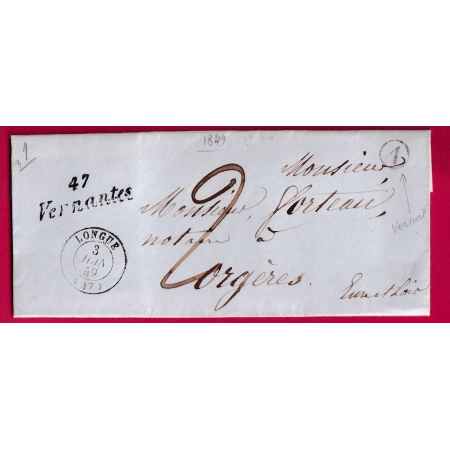 CURSIVE 47 VERNANTES MAINE ET LOIRE BOITE RURALE A VERNOIL LE FOURRIER 1849 POUR ORGERES LETTRE