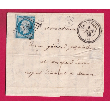 N°14 PC 1930 MAULEVRIER MAINE ET LOIRE CAD TYPE 22 POUR SAUMUR INDICE 11 LETTRE