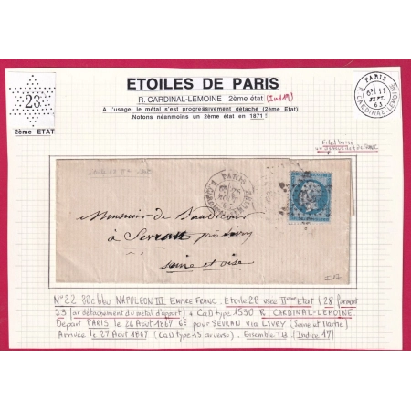 N°22 PARIS ETOILE 28 2EME ETAT R CARDINAL LEMOINE POUR SEVRAN SEINE ET OISE LETTRE