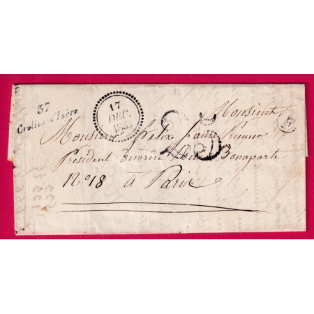CURSIVE 37 CROLLES D'ISERE DATEUR A 1853 BOITE RURALE F POUR PARIS INDICE 13 LETTRE