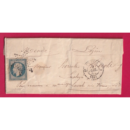 N°14 BLEU LAITEUX DU 5 JUILLET 1854 PARIS ETOILE 3E 60 8 POUR MENDE LOZERE LETTRE
