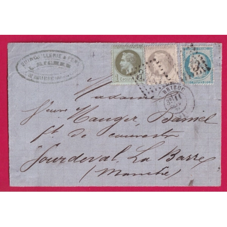 N°25 27 37 GC 3533 ST BRIEUC COTES DU NORD 11 SEPTEMBRE 1871 POUR SOURDEVAL DEVANT DE LETTRE