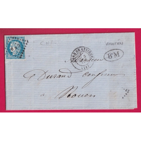 N°60 CAD GARE DE LISIEUX CALVADOS BM BOITE MOBILE VIMOUTIERS ORNE POUR ROUEN LETTRE
