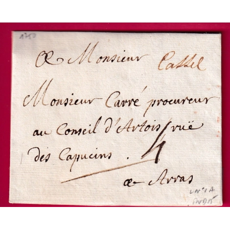 MARQUE MANUSCRIT CASSEL NORD 1750 LENAIN N°1A INDICE 15 POUR ARRAS LETTRE