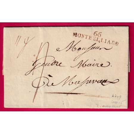 MARQUE 66 MONTBELLIARD DOUBS 1814 POUR MASSEVAUX HAUT RHIN INDICE 15 TEXTE AVRICOURT LETTRE