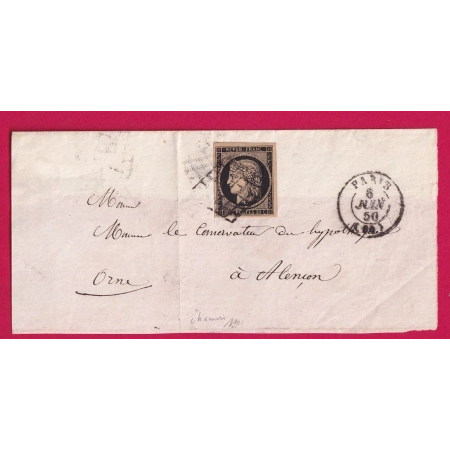 N°3 SUR CHAMOIS TTB TRES BELLES MARGES GRILLE PARIS 1850 LETTRE INCOMPLETE