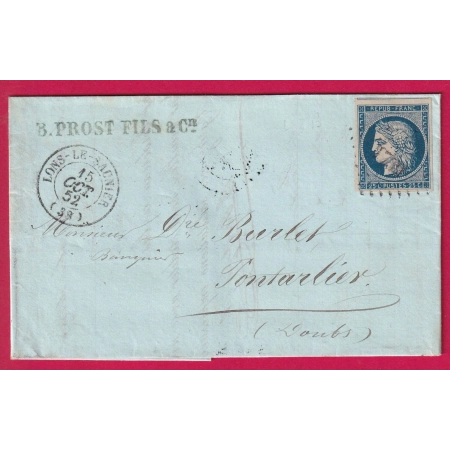 N°4 PC 1759 LONS LE SAULNIER JURA 1852 POUR PONTARLIER DOUBS LETTRE
