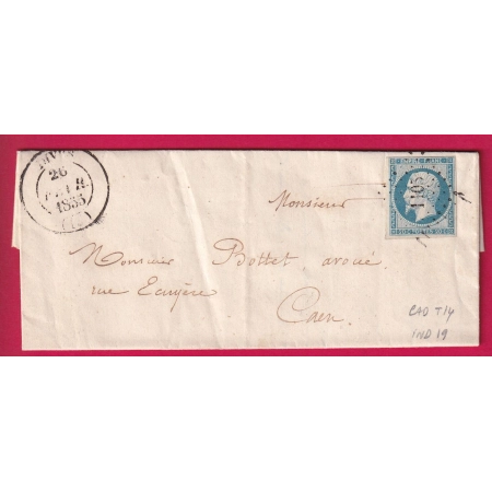 N°14 BLEU LAITEUX PC 1105 CAD TYPE 14 DIVES CALVADOS POUR CAEN INDICE 19 LETTRE