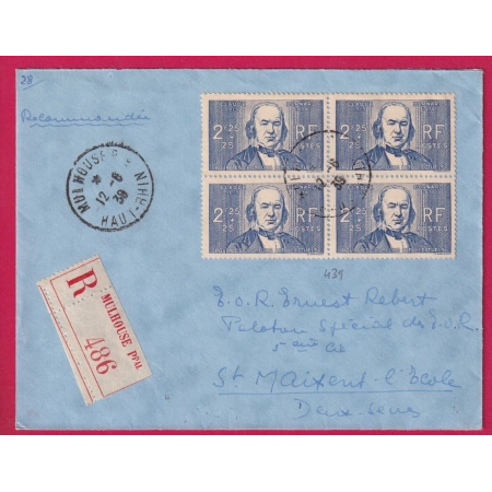 N°439 BLOC DE 4 SUR LETTRE RECOMMANDEE MULHOUSE 1939 LETTRE