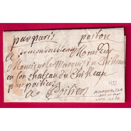 MARQUE MANUSCRIT DE MONDOUBLEAU LOIR ET CHER 1733 LENAIN N°1 INDICE 20 POUR POITIERS VIENNE LETTRE