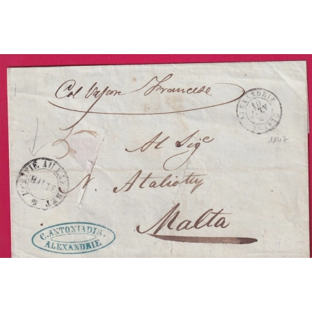MARQUE PURIFIEE AU LAZARET DE MALTE MALTA 1847 DEPART ALEXANDRIE EGYPTE BFE POUR MALTE EPIDEMIE CHOLERA LETTRE