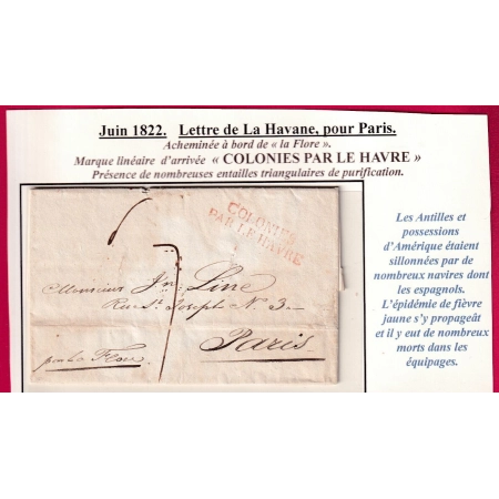 LETTRE PURIFIEE AU LAZARET DU HAVRE SEINE INFERIEURE MARQUE COLONIE DEPART CUBA LA HAVANE 1822 EPIDEMIE FIEVRE JAUNE