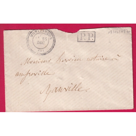 CAD TYPE 24 MONTPINCON CALVADOS PP FAUTE DE TIMBRE GUERRE 1870 POUR RANVILLE 18 DEC 1870 LETTRE