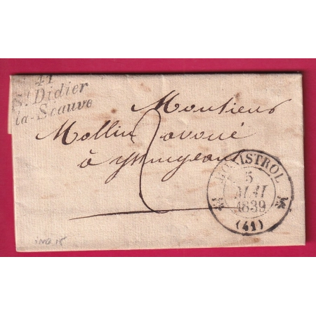 CURSIVE 41 ST DIDIER LA SEAUVE HAUTE LOIRE CAD TYPE 12 MONISTROL POUR YSSINGEAUX 1839 INDICE 15 LETTRE