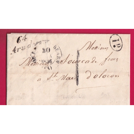 TAXE 1  DE FABRICATION LOCALE CURSIVE 64 ARUDY BASSES PYRENEES 1836 POUR ST MARIE D'OLORON LETTRE